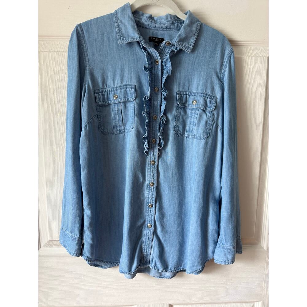 Talbots Chambray‎ Lyocell Ruffle Button Down Shirt Prairie Western LP Petite